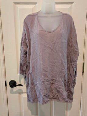 Johnny Was Light Purple Embroidered Long Sleeves Tunic Blouse Size XL